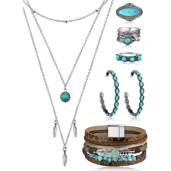 Bohemian Western Jewelry Turquoise Set Women Bohemian Pendant Layered Choker - Picture 1 of 6